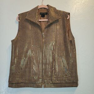 VTG Jean Michel Womens Sz L Houndstooth Vest Tan Brown Moto Biker